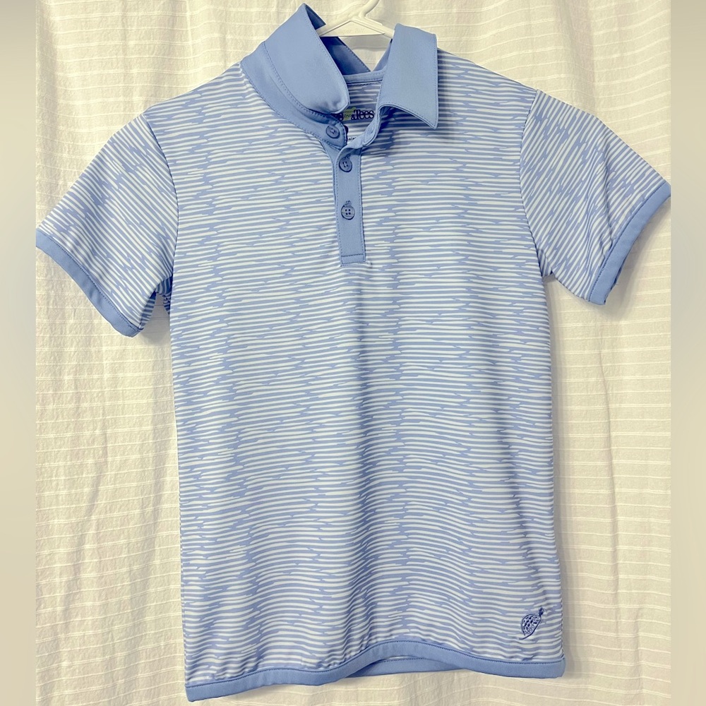 Kids Turtles and Tees Blue and White stripe polo - Med